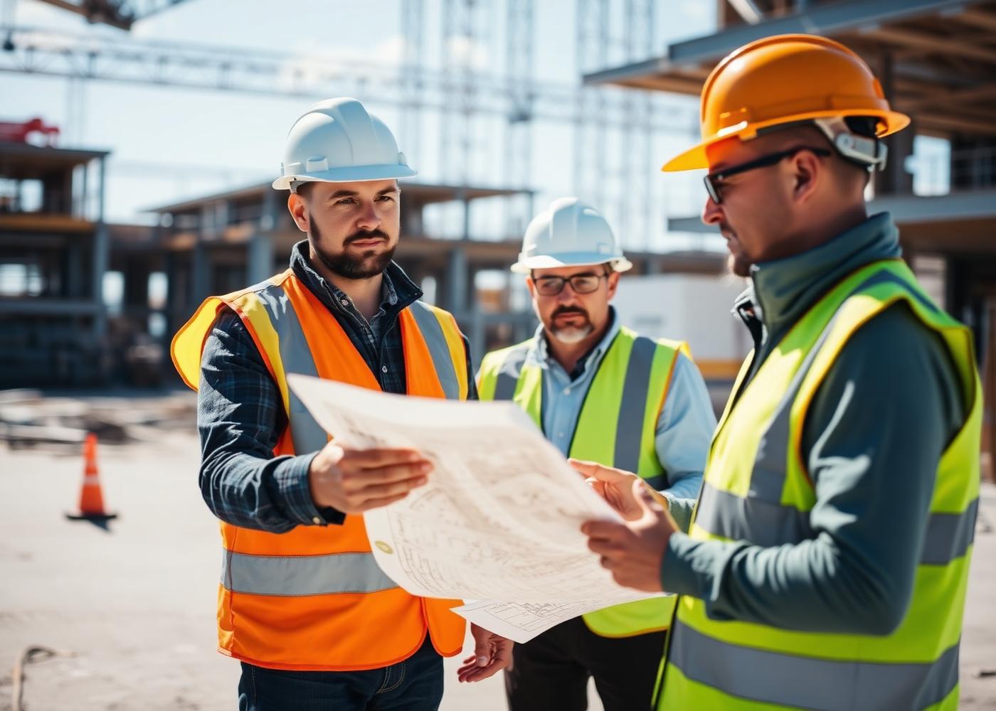 Ingenieros revisando planos en obra